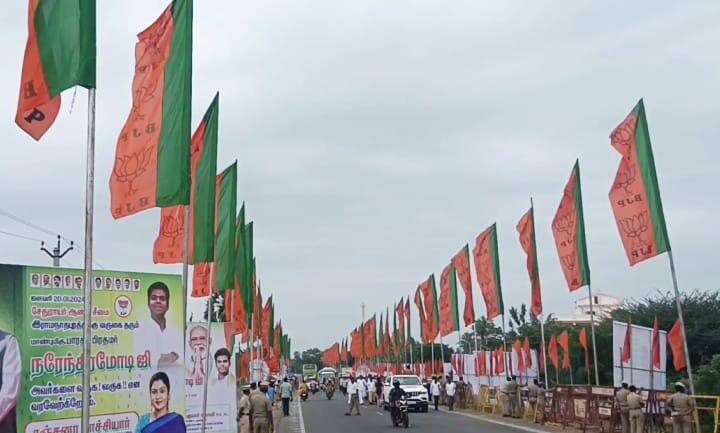 சாலை முழுவதும் கட்சிக் கொடிகள்..! விண்ணைப் பிளக்கும் ஜெய்ஸ்ரீராம் கோசம்.. மோடியை வரவேற்கத் தயாரான பாஜகவினர்..!