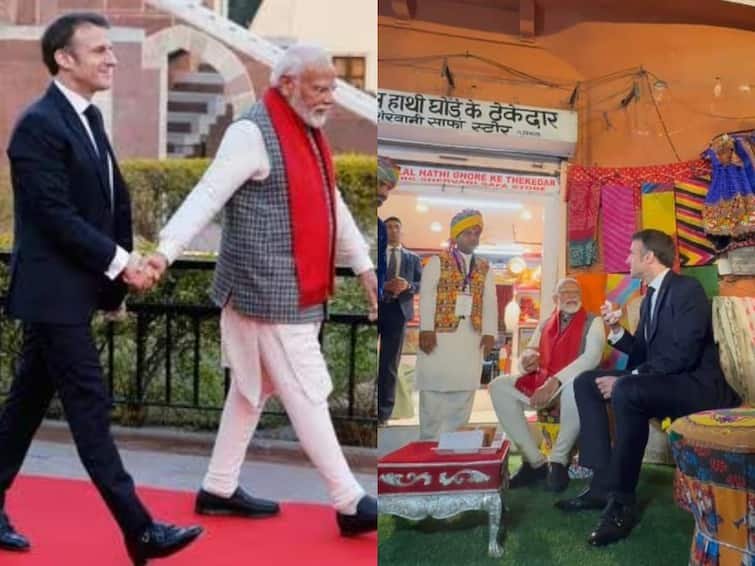 PM Modi And French President Emmanuel Macron Visit Tea Stall In Jaipur And Interact Over A Cup Of Tea