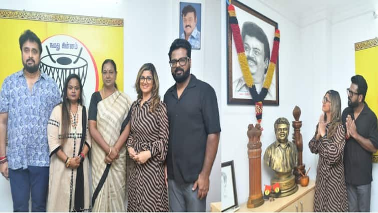 Rambha and Kala master paid tribute at Vijayakanth memorial with their family
