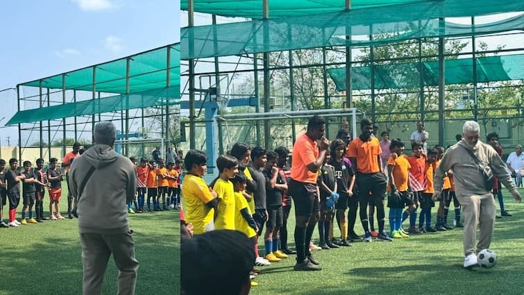 ajith kumar playing football with kids after completing vidaamuyarchi first schedule photos go viral on social media