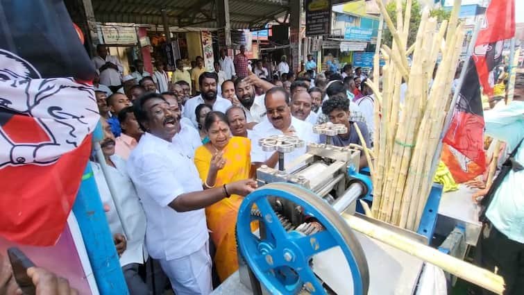 குளு குளு கரும்பு ஜூஸ்…! ஜூஸ் போட்டு கொடுத்த முன்னாள் அமைச்சர் வளர்மதி..!